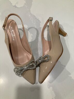 Nude Slingback Heels with Crystal Bow